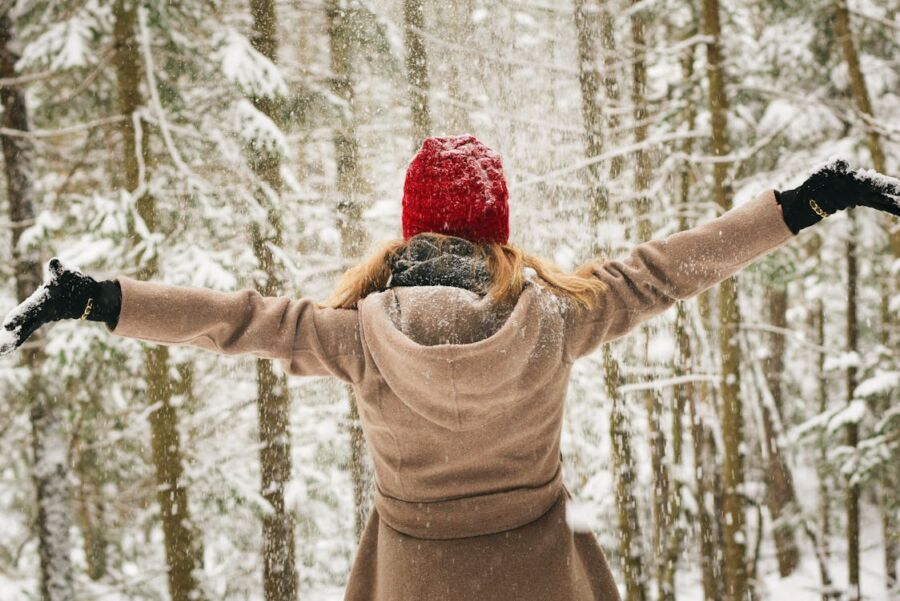 Woman Wearing Brown Coat while snowing on vacation