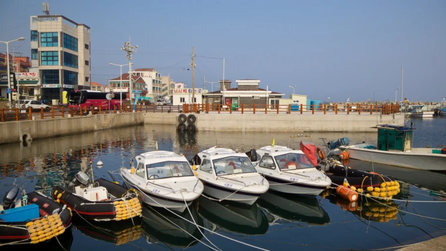 Jeju harbor in South Korea with docked boats, calm water reflections, and coastal town buildings.