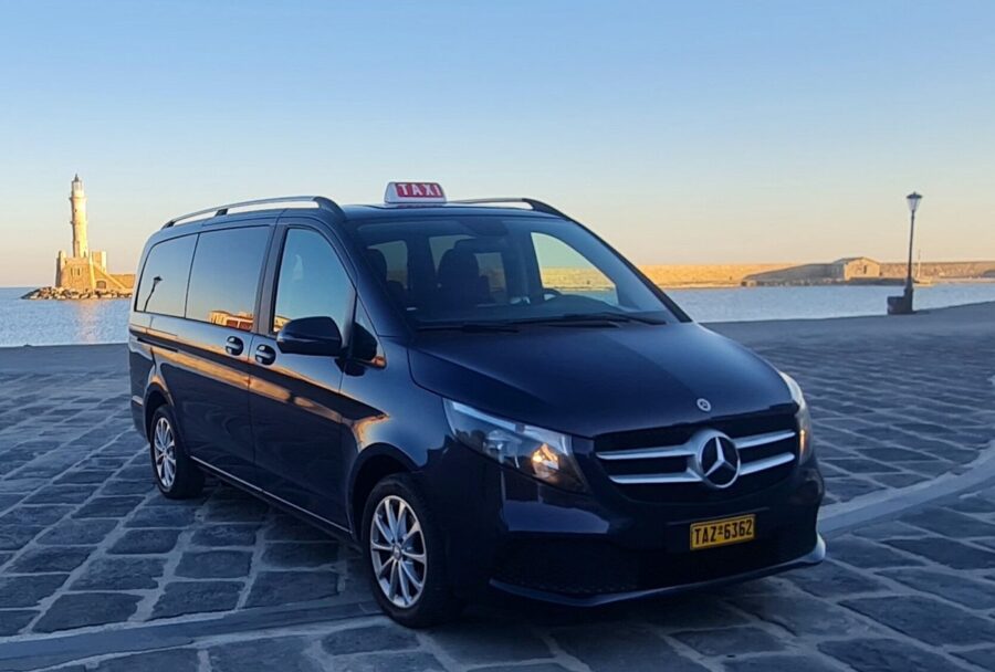 Chania taxi Mercedes van at harbor, Crete.