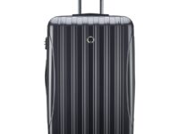 Large graphite hard-shell suitcase with spinner wheels and telescoping handle.