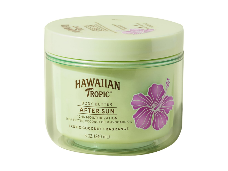 Hawaiian Tropic after-sun body butter for 12-hour moisturization with coconut fragrance.