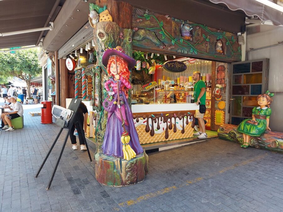 Candy shop showcasing an array of colorful candies, situated in Heraklion Central Market, Greece.