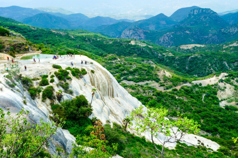 Panoramic view of the mountains surrounding the hot springs at Hierve el Agua, Oaxaca, Mexico, showcasing natural beauty