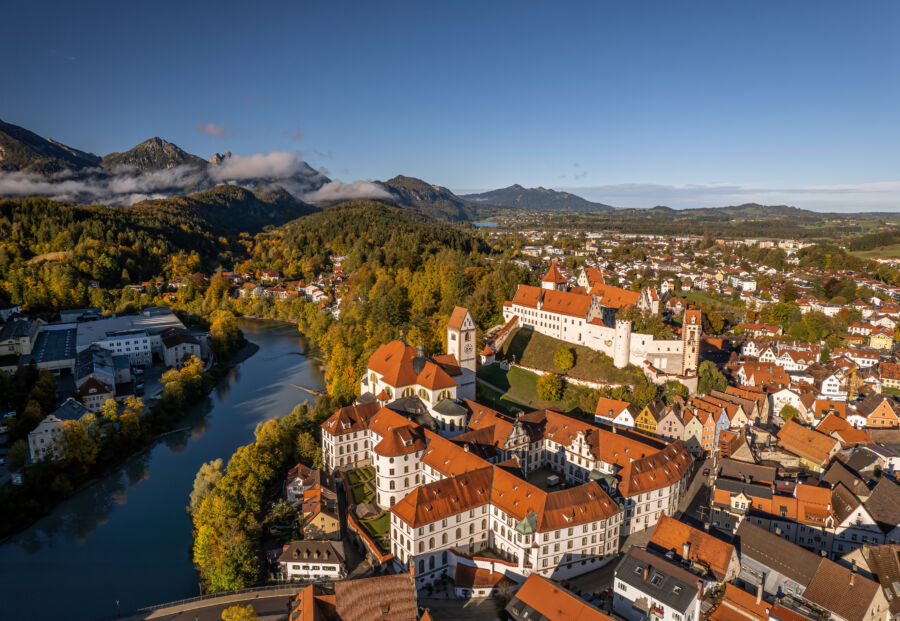 Aerial view of Hohes Schloss, the Gothic High Castle in Füssen, Germany, situated on a hill above the old town