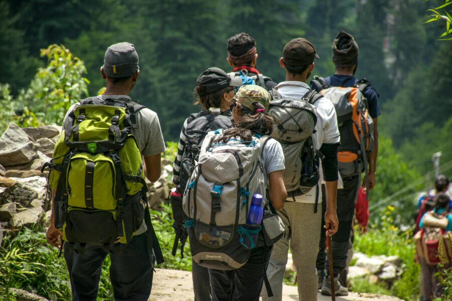Hikers with varied backpacks explore lush forest trail, enjoying nature and adventure.