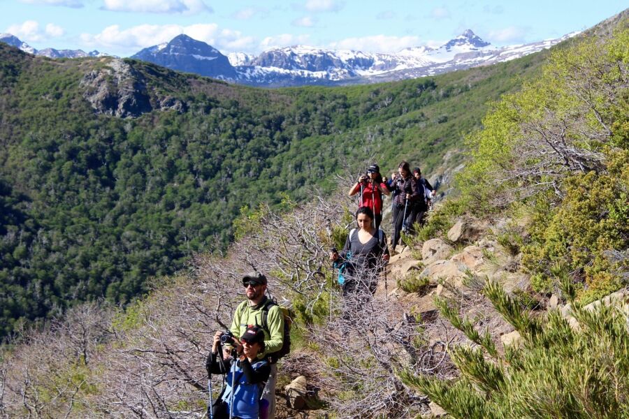 Hikers exploring scenic mountain trail with lush greenery and snow-capped peaks.