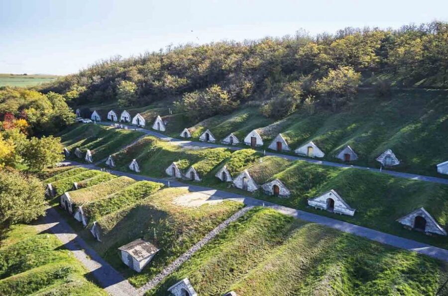 Tokaj terraced wine cellars with rows of turf-covered entrances.