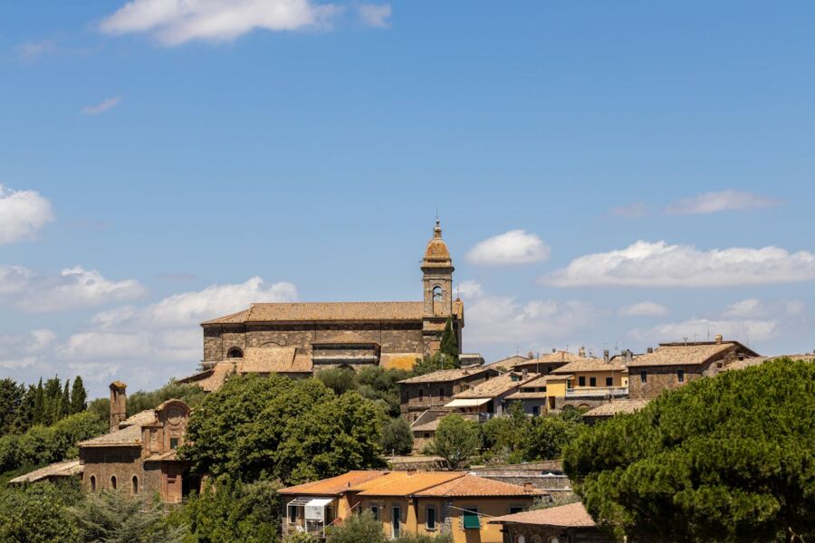 Quaint Montalcino village landscape with terracotta roofs, historic architecture, and lush natural surroundings.