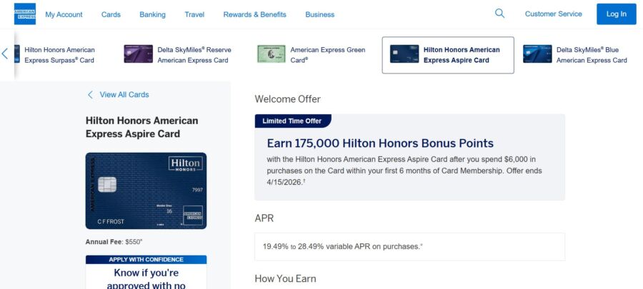 American Express webpage featuring the Hilton Honors Aspire Card. Includes an offer for 175,000 bonus points for spending $6,000 in six months. Card image displayed on the left.