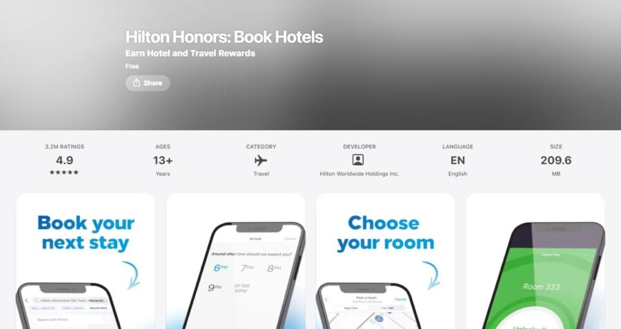 Hilton Honors app page on a digital store. Includes 4.9-star rating, age 13+, travel category. Screenshots show booking features and room selection.