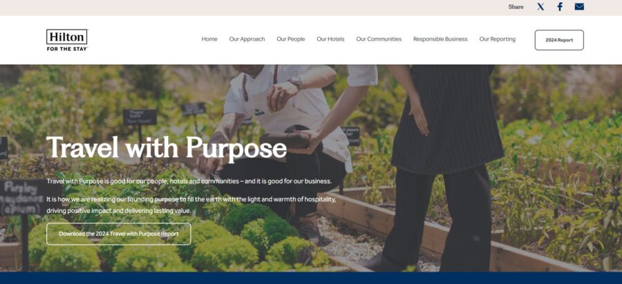 Website for Hilton featuring a header image of two people tending a garden. Text reads 'Travel with Purpose,' emphasizing sustainability and hospitality.