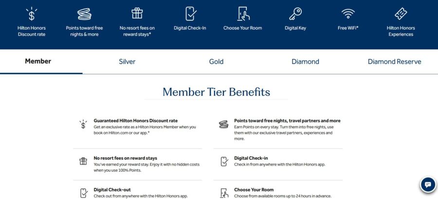 Hilton Honors member benefits webpage with icons at the top, including discount rates, free nights, and digital check-in. Tabs for reward tiers: Member, Silver, Gold, Diamond, Diamond Reserve. Benefits listed include guaranteed discount rates, no resort fees, digital check-in, and room selection options.