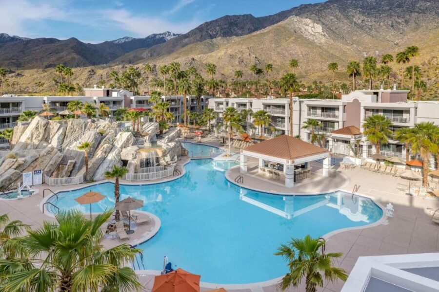 The pool at Hilton Vacation Club Palm Canyon, surrounded by palm trees and lounge chairs, inviting for relaxation.
