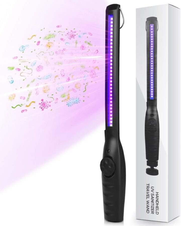 Purple light-up hair dryer with a box labeled "HIUPN UV Light Sanitizer Wand" displayed prominently.
