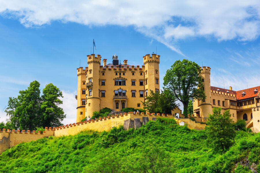 Hohenschwangau Castle nestled in the Bavarian Alps, showcasing its picturesque architecture