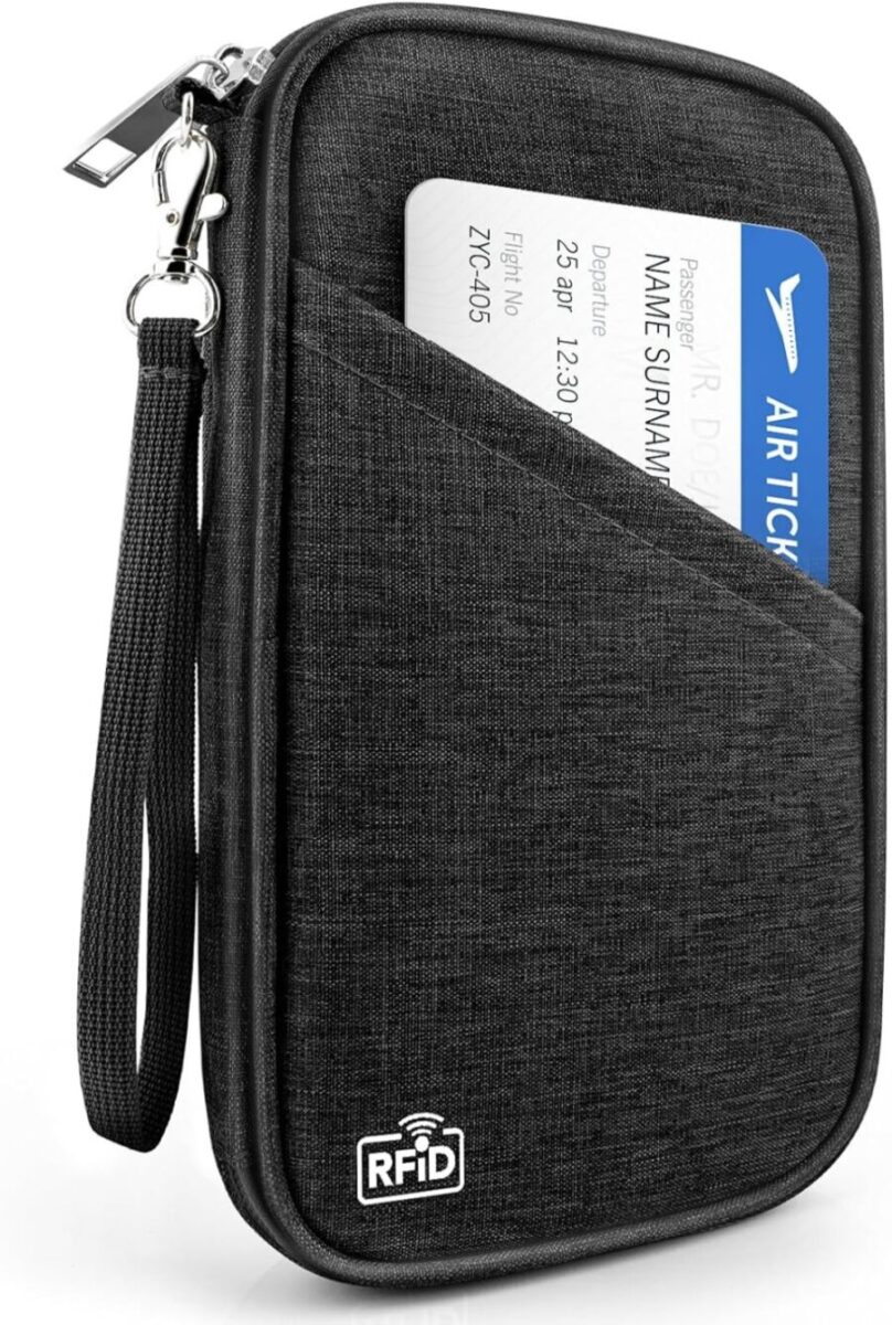 Black wallet featuring a credit card holder, labeled as HOHOM Family Passport Organizer.