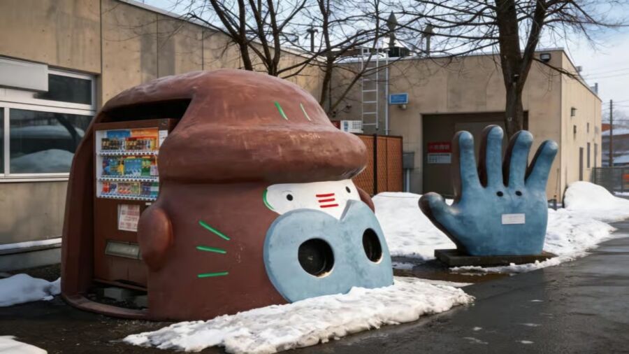 Hokkaido whimsical vending machine encased in a large brown monkey face structure stands beside a blue hand sculpture. Snow surrounds the area, creating a playful atmosphere.
