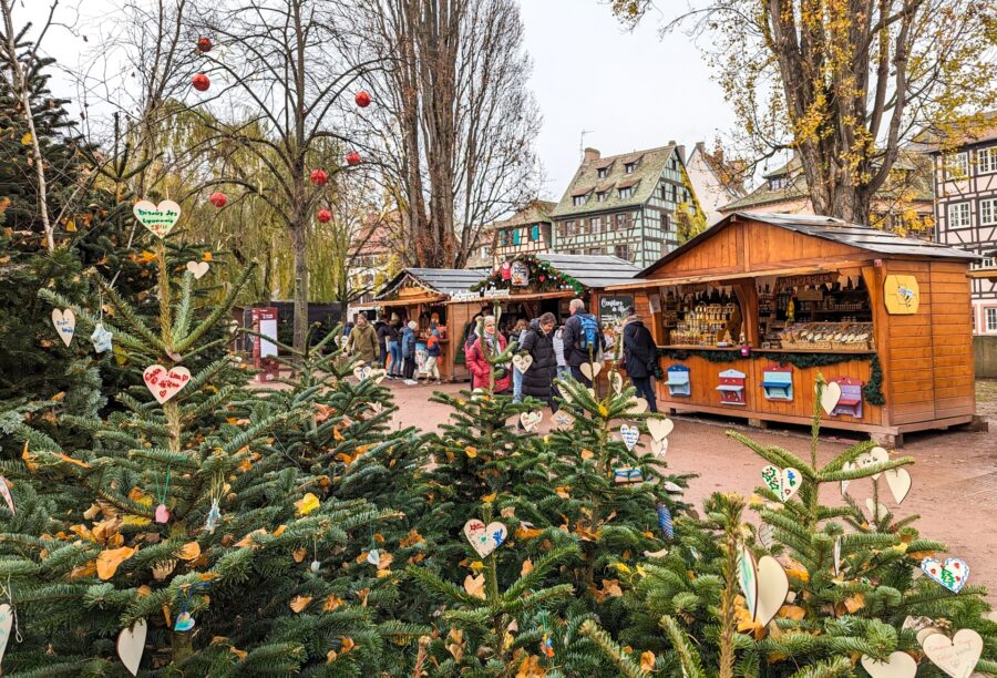 Strasbourg Advent village holiday market with evergreens and wooden chalets.