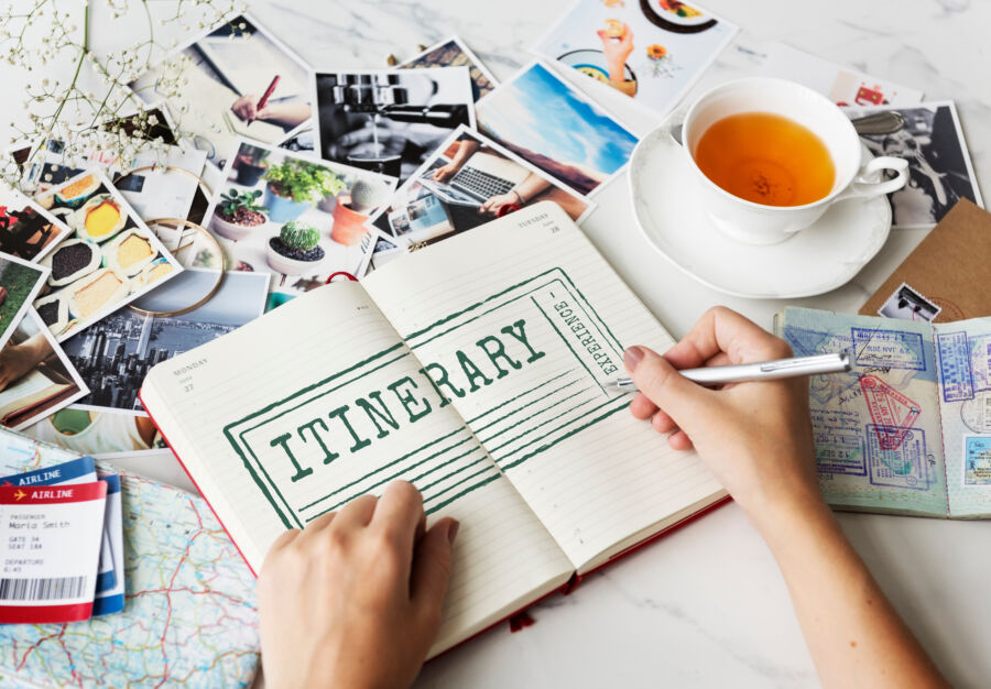 Itinerary book featuring travel destinations and tourism concepts for a holiday vacation.