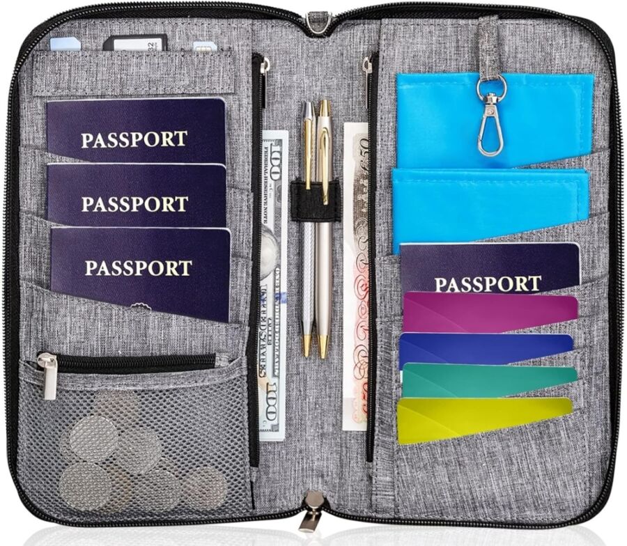 Gray Holifesy Family Travel Organizer with a passport, money, and travel essentials neatly arranged inside.