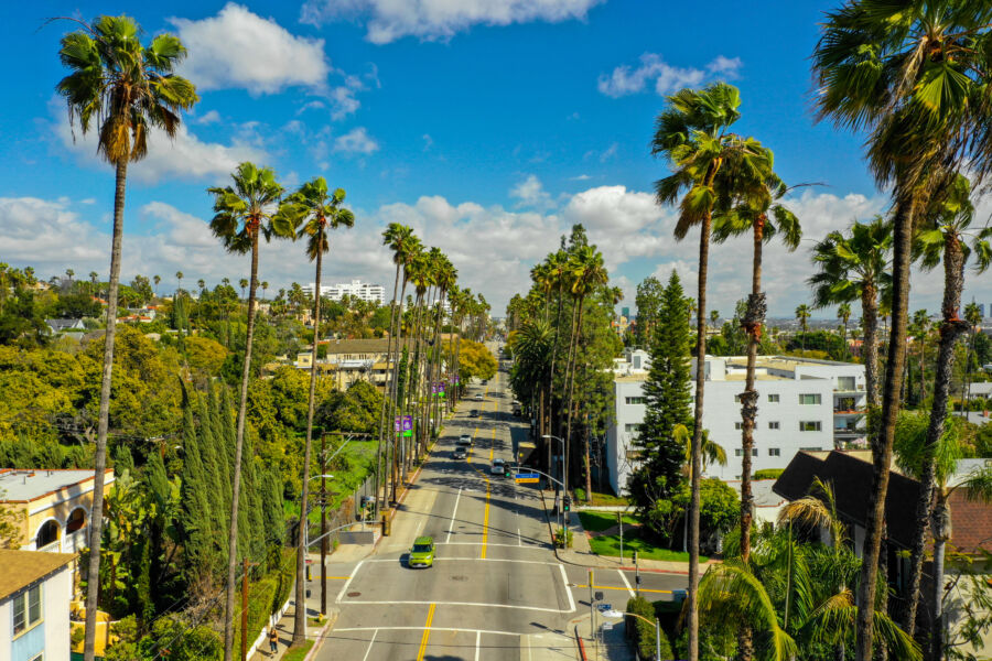 Aerial view of Hollywood, California, showcasing iconic landmarks and the vibrant urban landscape