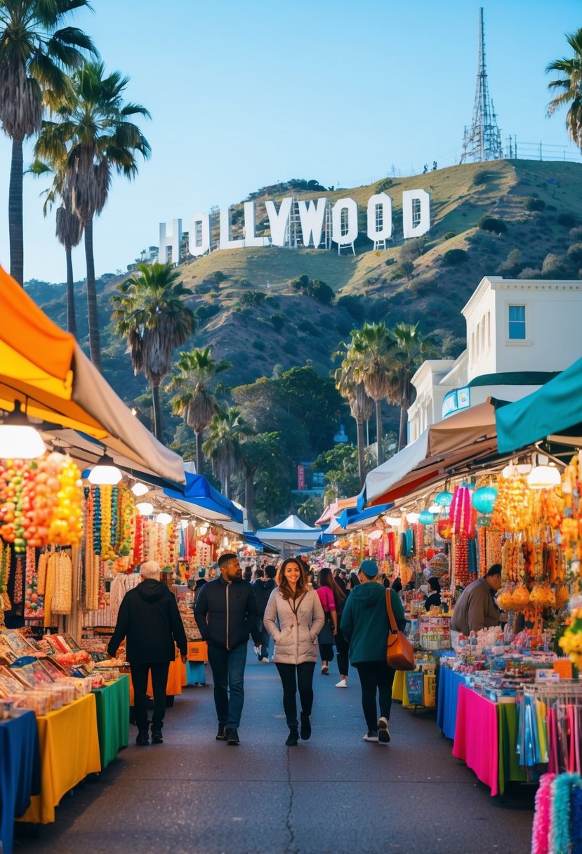 A bustling street market filled with colorful stalls selling souvenirs and trinkets, with palm trees and the iconic Hollywood sign in the background