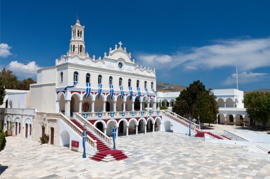 Holy Church of the Virgin Mary Evangelistria, a prominent Greek Orthodox church located in Tinos, Greece.
