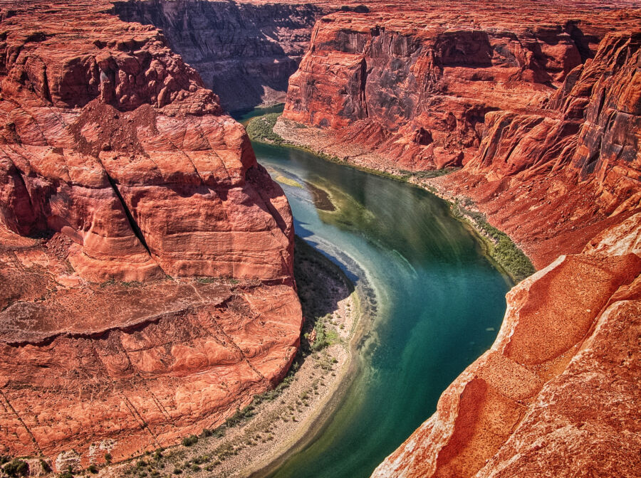 Close-up of Horseshoe Bend, showcasing the Colorado River's dramatic curves within the Grand Canyon landscape