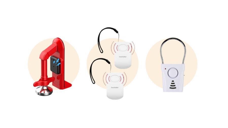 Three security devices against beige circles: a red door stop alarm, two white oval motion sensors with black lanyards, and a white padlock alarm.