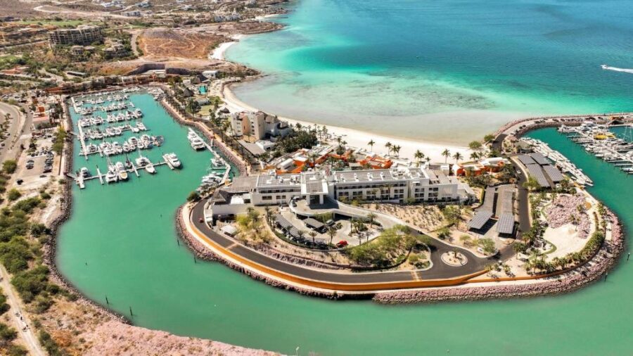 Aerial view of Hotel Indigo La Paz Puerta Cortes, a resort overlooking the ocean in La Paz, Mexico.