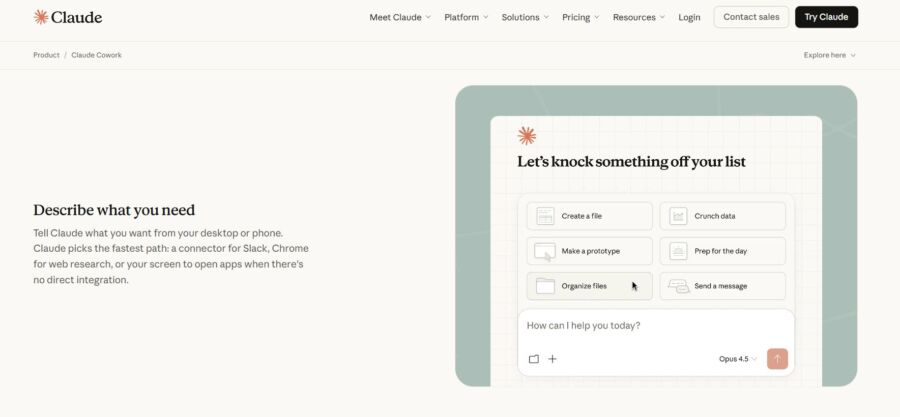 Homepage of a website titled "How Claude Cowork Works," featuring a phone and tablet displaying the site.