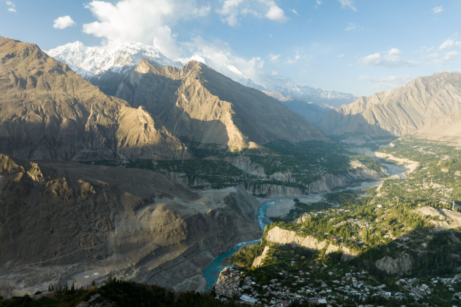Scenic panorama of Hunza Valley featuring Rakaposhi Peak, highlighting the breathtaking mountainous landscape of Pakistan