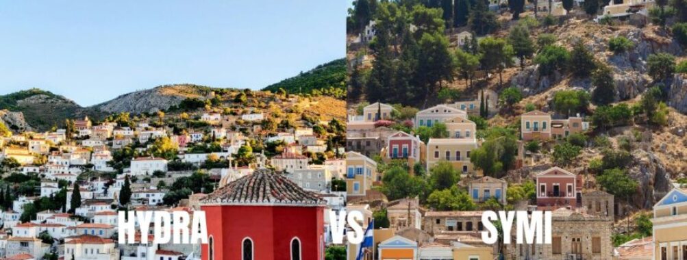 Hydra and Symi Greek island harbors: whitewashed houses, colorful waterfront, boats.