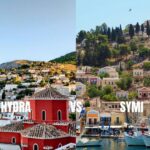 Hydra and Symi Greek island harbors: whitewashed houses, colorful waterfront, boats.