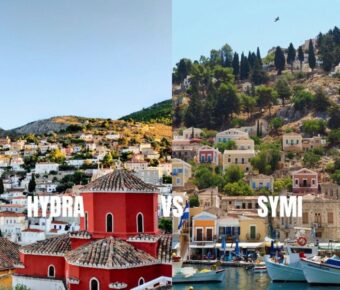 Hydra and Symi Greek island harbors: whitewashed houses, colorful waterfront, boats.