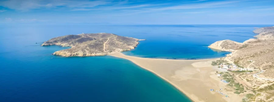 Prasonisi beach in Rhodes, Greece, popular for windsurfing and kiteboarding on a sandbar.