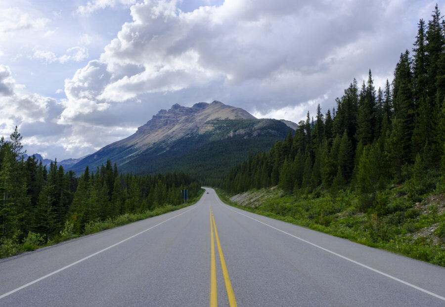 Scenic view of Icefields Parkway Road winding through Jasper National Park, surrounded by majestic mountains and forests.
