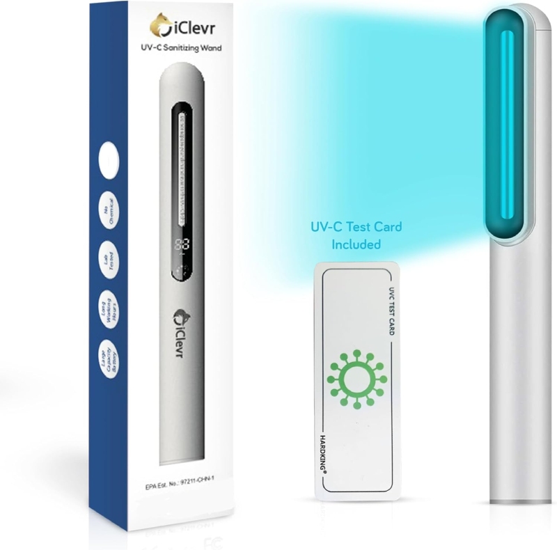 iClevr UV-C Light Wand placed beside an open box, showcasing the product ready for use.