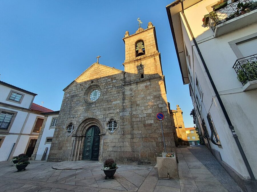 The Igreja Matriz de São Sebastião, a charming church with a clock tower, stands in the small town of Monção, Portugal.