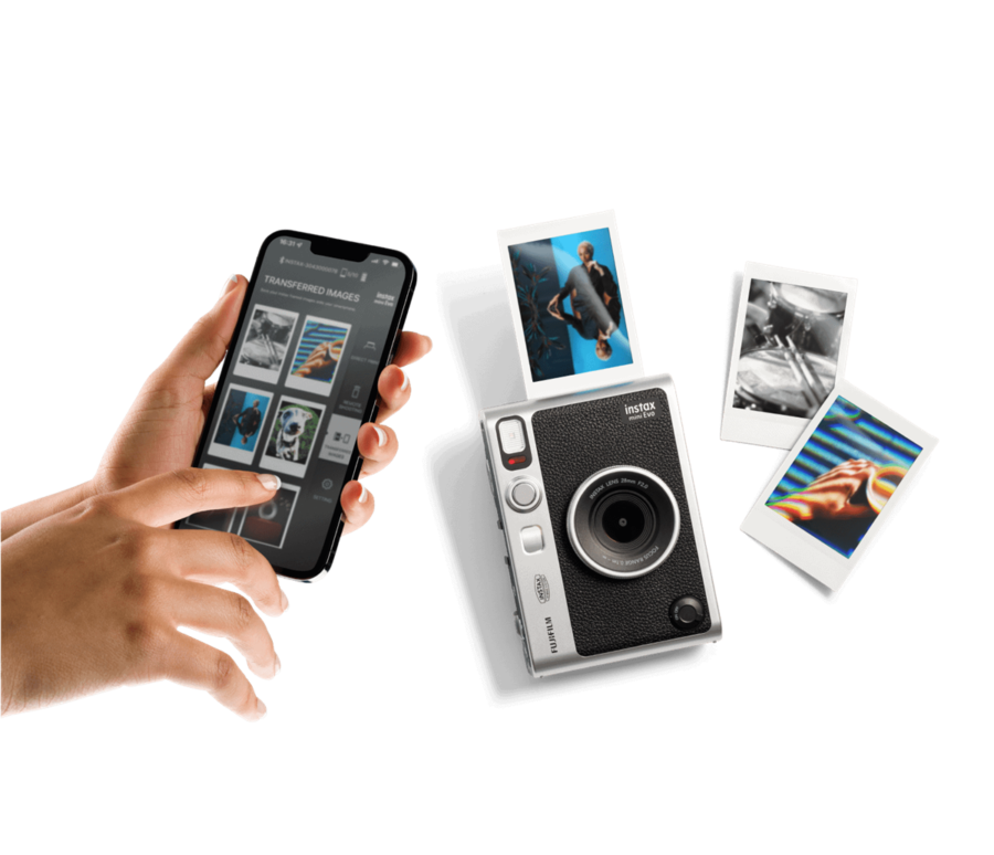 Smartphone and Instax camera showcasing digital and instant photography integration.