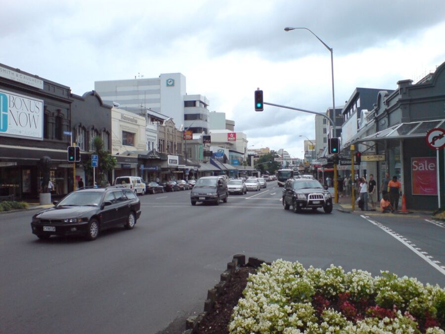 Bustling city intersection with diverse architecture, traffic, pedestrians, and vibrant flower bed.
