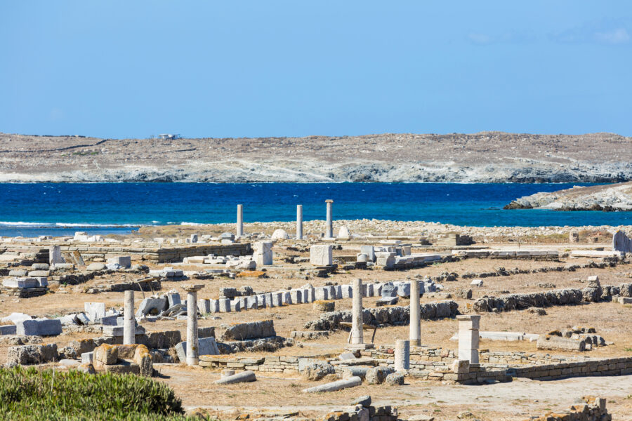 Ancient ruins of Delos Island, Greece, showcasing historical structures and archaeological significance