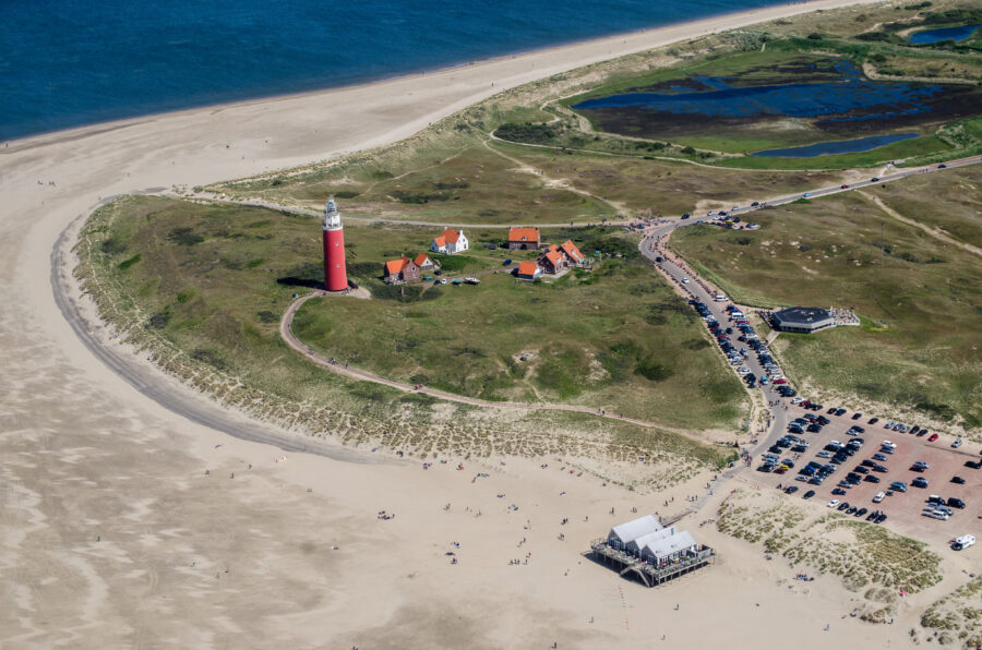 Bird's-eye view of the lighthouse on Texel Island, highlighting its location along the North Sea in the Netherlands
