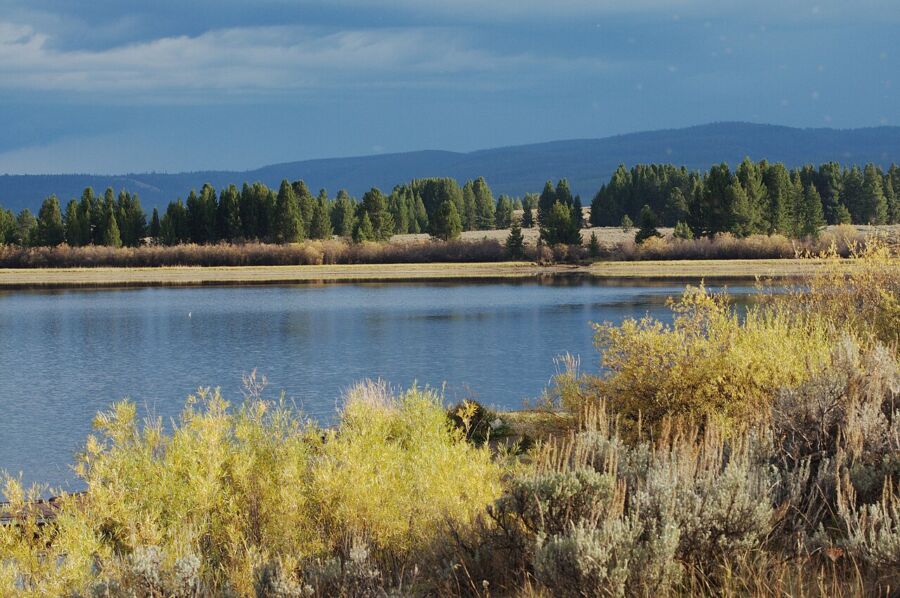 Expansive water body at Island Park, West Yellowstone, reflecting the sky and framed by trees and hills.