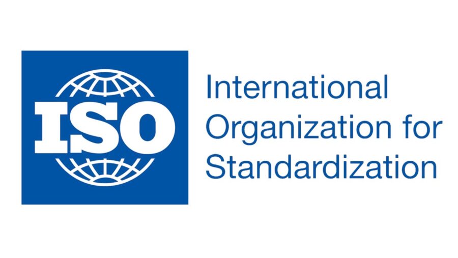 ISO logo featuring globe and acronym in white on blue background, symbolizing global standardization.
