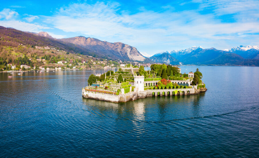 Scenic view of Isola Bella, a picturesque island on Lago Maggiore, featuring lush gardens and historic architecture.
