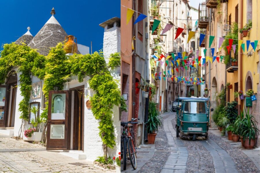 Charming European architecture: trulli house and festive colorful alleyway.