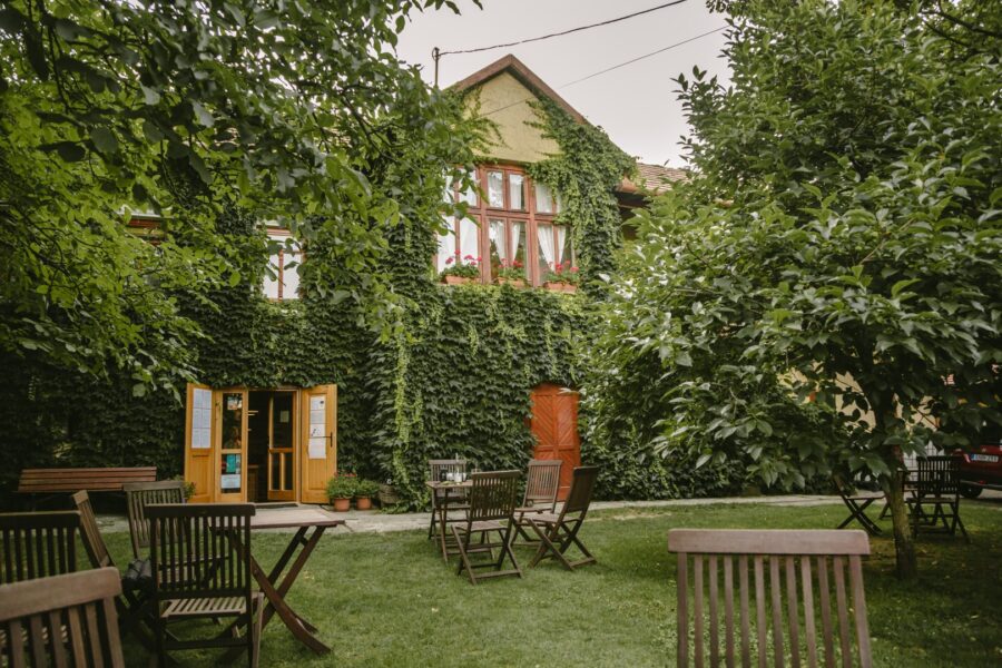 Ivy-covered winery courtyard with outdoor garden seating and flowering window boxes.