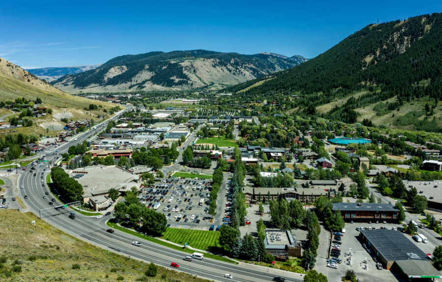 Panoramic view of Jackson, Wyoming, showcasing the town's scenic landscape and surrounding mountains