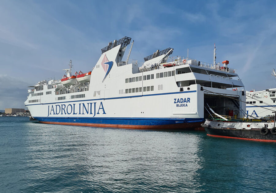 JadroLinija ferry docked in Croatia, modern vessel between Zadar and Rijeka.
